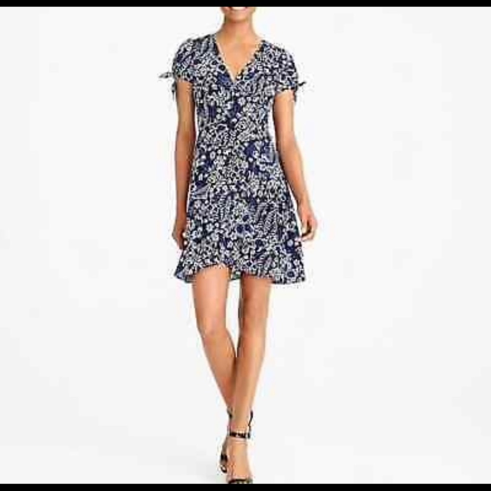 J. Crew Factory Floral Printed Faux Wrap A-Line Mini Dress Black/Blue